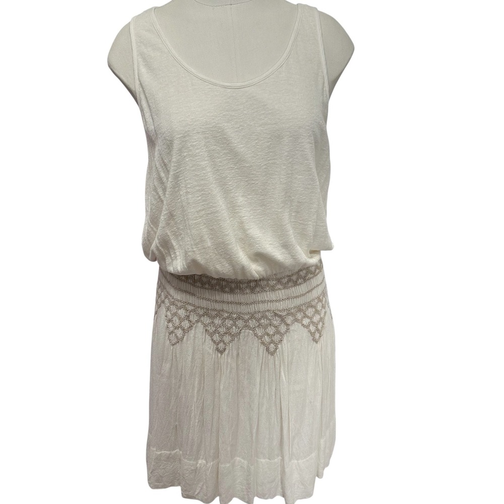 Lucky Brand Tank Dress Women Large Ivory Linen Blend Embroidered Smocked Boho